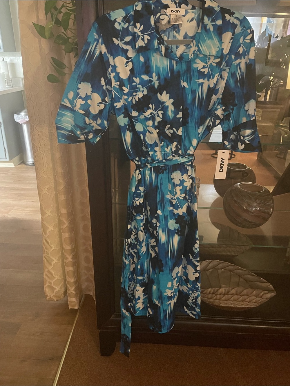 DKNY Blue & White Floral Wrap Midi Dress